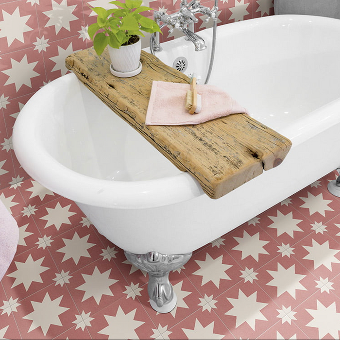 Kenitra Pink Star Tiles | White & Pink | Wall & Floor Tiles | 20cm x 20cm