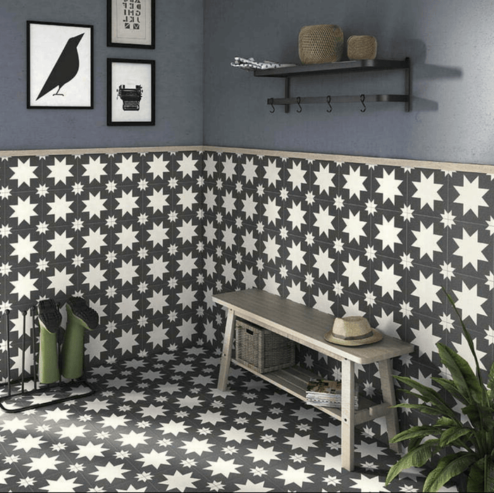 Kenitra Black Star Tiles | White & Black | Wall & Floor Tiles| 20cm x 20cm