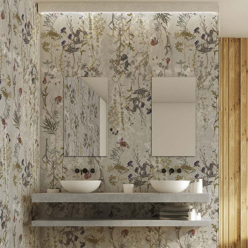 Bathroom vanity area featuring Sensei Flowers Decor 60 × 120cm porcelain wall tiles, styled with twin basins, minimalist mirrors, and soft botanical detailing for a delicate, nature-inspired, contemporary space.