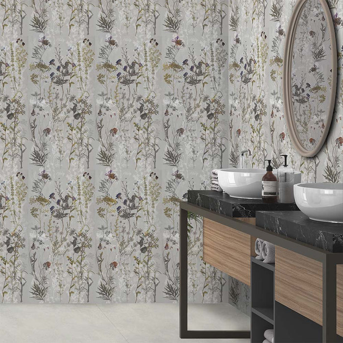 Bathroom interior featuring Sensei Flowers Decor 60 × 120cm porcelain wall tiles, styled with a vanity unit, twin basins, marble worktop, and soft botanical pattern for a delicate, nature-inspired finish.