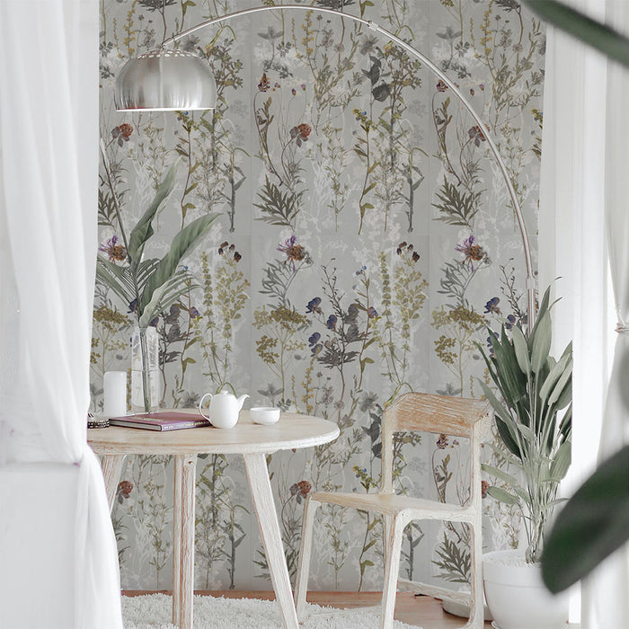 Interior corner featuring Sensei Flowers Decor 60 × 120cm porcelain wall tiles, styled with a small dining table, wooden chair, indoor plants, and soft natural light for a calm, nature-inspired setting.