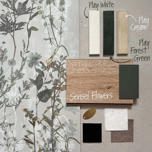 Moodboard featuring Play White, Play Forest Green and Play Cream tiles alongside Sensei Flowers botanical tiles, styled with wood effect surfaces, brass accents and neutral fabrics for a nature-inspired kitchen or bathroom tile scheme.