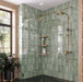 Bathroom featuring Beijing Celadon Green Brick 5.1x16.1cm Moroccan-style ceramic wall tiles, styled with gold shower fittings, glass enclosure and natural wood accents.