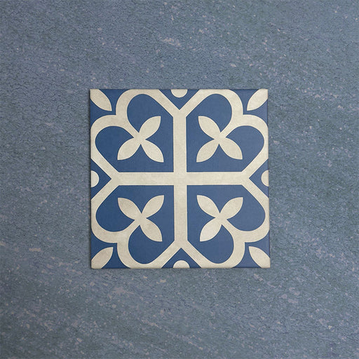 Iris Blue Victorian Moroccan-style 20×20cm porcelain tile featuring a soft blue and cream geometric pattern, ideal for adding decorative character to floors and walls in classic and contemporary interiors.