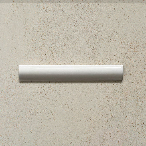 Zellij White Gloss Bullnose Moroccan-style trims in a 3cm x 20cm format, featuring a glossy white glaze and smooth rounded profile, displayed as a flat lay on a neutral background.