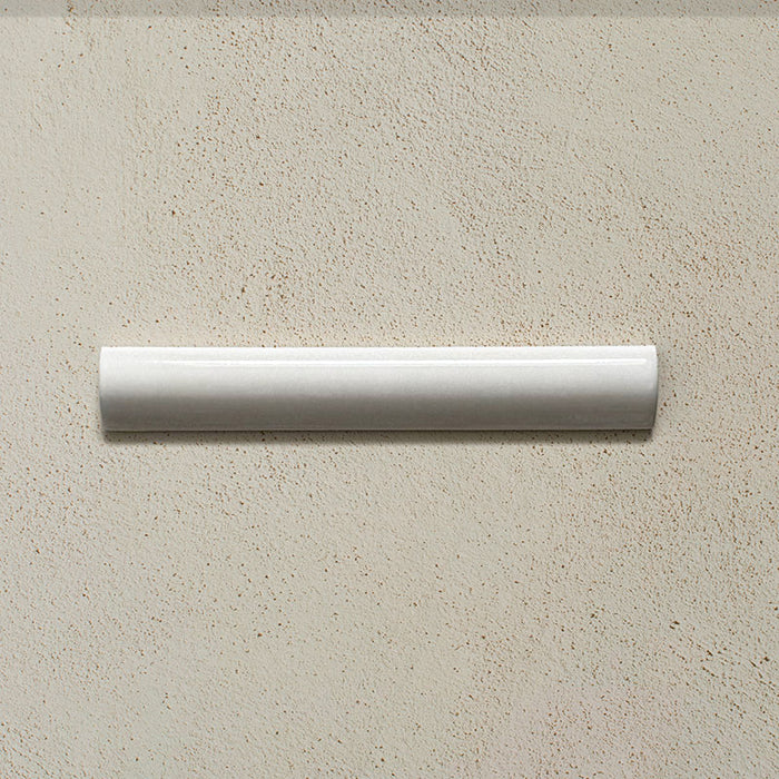 Zellij White Gloss Bullnose Moroccan-style trims in a 3cm x 20cm format, featuring a glossy white glaze and smooth rounded profile, displayed as a flat lay on a neutral background.