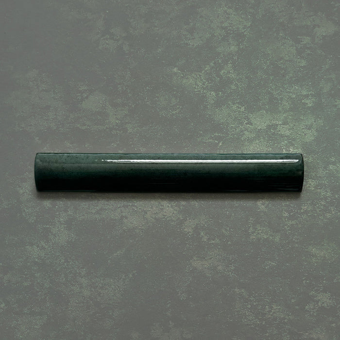 Zellij Gloss Green bullnose Moroccan style tiles, 3cm x 20cm, deep green colour with natural tonal variation, glossy glazed finish, rounded bullnose edge trim, handcrafted-look ceramic detail.