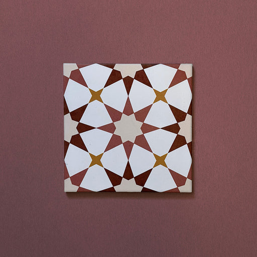 Close-up of Agraba Cotto 20x20cm Moroccan-style ceramic tile featuring a geometric star pattern in warm terracotta, beige, mustard, and white tones on a soft burgundy background.