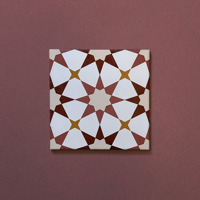 Close-up of Agraba Cotto 20x20cm Moroccan-style ceramic tile featuring a geometric star pattern in warm terracotta, beige, mustard, and white tones on a soft burgundy background.
