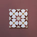 Close-up of Agraba Cotto 20x20cm Moroccan-style ceramic tile featuring a geometric star pattern in warm terracotta, beige, mustard, and white tones on a soft burgundy background.