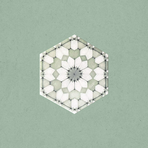 Maroush Green 18.7x21.6cm Moroccan single hexagonal tile featuring a geometric star and petal motif in soft green and white tones, inspired by traditional Moroccan craftsmanship.