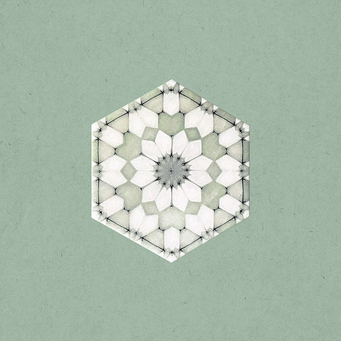 Maroush Green 18.7x21.6cm Moroccan single hexagonal tile featuring a geometric star and petal motif in soft green and white tones, inspired by traditional Moroccan craftsmanship.