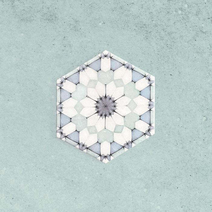Maroush Frost Blue 18.7x21.6cm Moroccan hexagonal tile featuring a delicate geometric floral pattern in cool blue and white tones on a soft textured blue background.