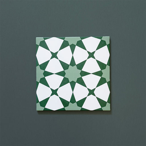 Close-up of Agraba Green 20x20cm Moroccan-style ceramic tile featuring a geometric star pattern in deep and soft green tones with crisp white accents on a dark green background.