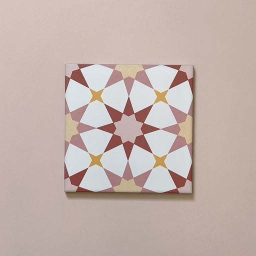 Close-up of Agraba Springs 20x20cm Moroccan-style ceramic tile featuring a geometric star pattern in terracotta, blush pink, mustard, and white tones on a soft pastel background.