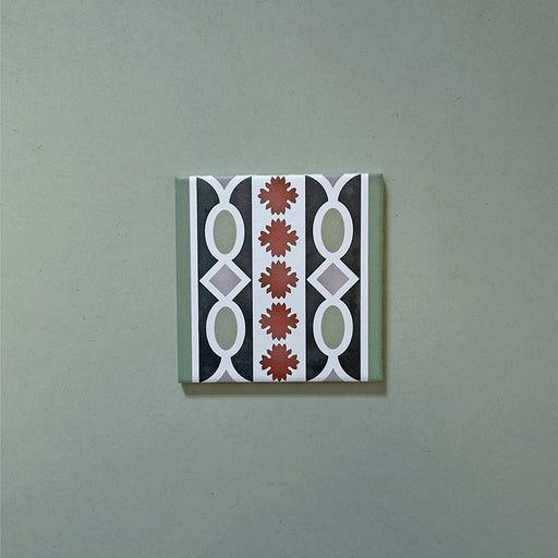 Empire Green 15x15cm Victorian border tile featuring interlocking oval and floral motifs in sage green, terracotta, and white, designed to complement traditional patterned floor tiles.