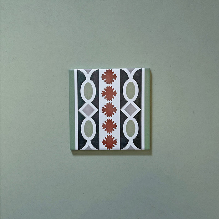 Empire Green 15x15cm Victorian border tile featuring interlocking oval and floral motifs in sage green, terracotta, and white, designed to complement traditional patterned floor tiles.