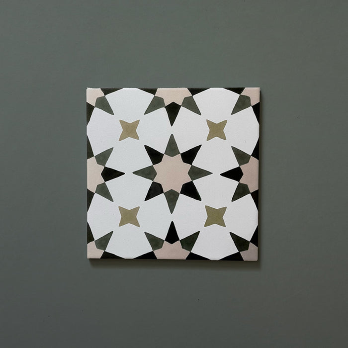 Single Agraba Natural 20x20cm Moroccan tile featuring a geometric star pattern in soft beige, olive, and taupe tones on a matte surface, displayed on a muted green background.