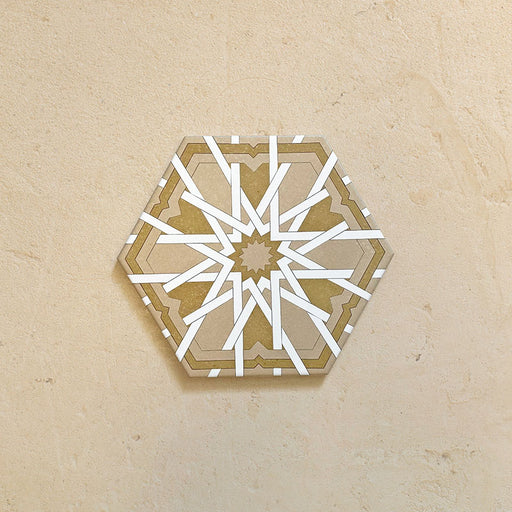 Maroush Mareshan Vintage Gold 18.7x21.6cm Moroccan hexagonal tile featuring a detailed white geometric star pattern on a warm golden background, inspired by traditional Moroccan craftsmanship.