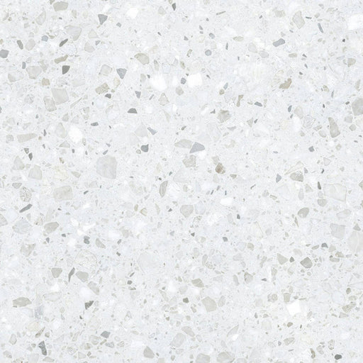 Single Confetti White 66×66cm terrazzo-style porcelain tile featuring subtle white and light grey stone-like chips on a soft white base, shown in a full-surface view to highlight pattern and texture.