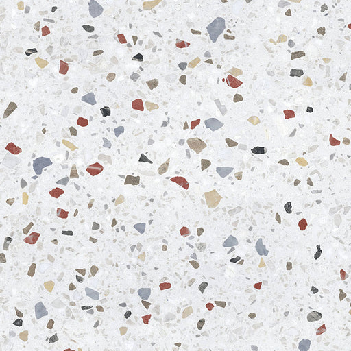 Single Confetti Colours 66×66cm terrazzo-style porcelain tile featuring multicoloured stone-like chips on a white base, shown in a full-surface view to highlight pattern and texture.