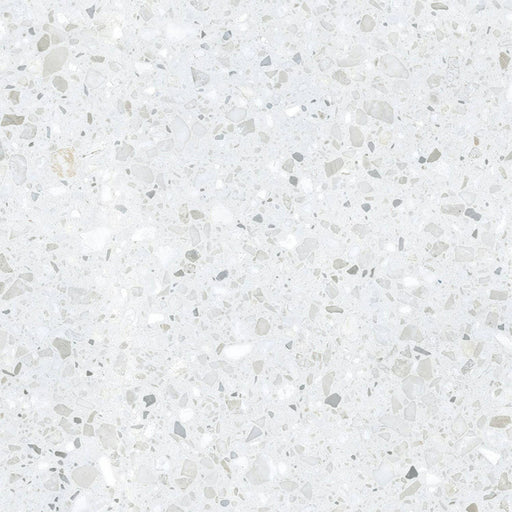 Single Confetti White 66×66cm terrazzo-style porcelain tile featuring subtle white and light grey stone-like chips on a soft white base, shown in a full-surface view to highlight pattern and texture.