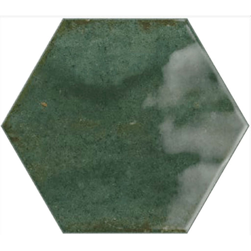 Single Izmir Hexagon Green Gloss 15x17.3cm ceramic tile showing rich emerald tones, natural variation, and a glossy handcrafted effect finish.