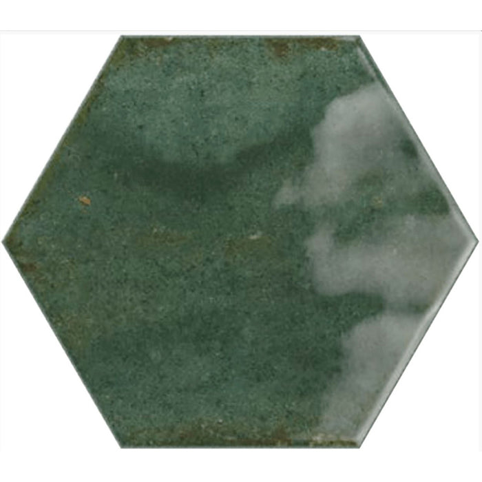 Single Izmir Hexagon Green Gloss 15x17.3cm ceramic tile showing rich emerald tones, natural variation, and a glossy handcrafted effect finish.