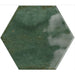 Single Izmir Hexagon Green Gloss 15x17.3cm ceramic tile showing rich emerald tones, natural variation, and a glossy handcrafted effect finish.