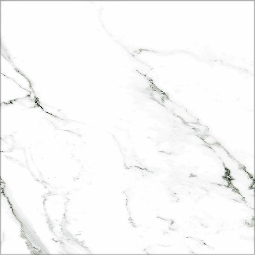 Calacatta Grand Blanca White marble-effect 50×50cm porcelain tile featuring a bright white base with soft grey veining, designed for elegant floors and walls in contemporary and classic interiors.
