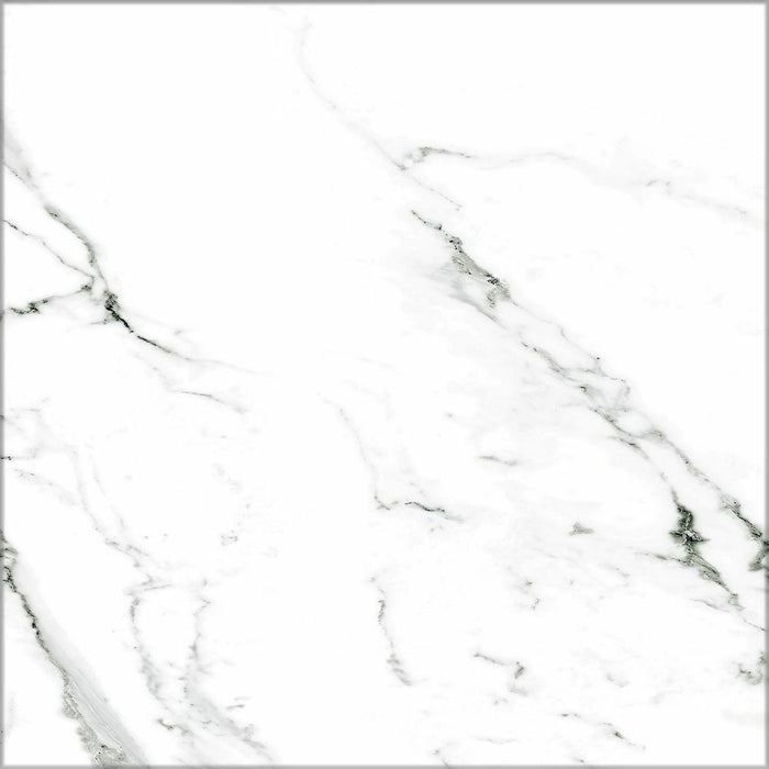 Calacatta Grand Blanca White marble-effect 50×50cm porcelain tile featuring a bright white base with soft grey veining, designed for elegant floors and walls in contemporary and classic interiors.