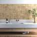 Zellij Arena Square Moroccan Style 10cm x 10cm sink setting, square Moroccan tiles arranged in a uniform grid pattern, warm sandy beige and soft golden tones with natural tonal variation, gently rippled glossy glazed finish, handcrafted Moroccan-inspired design used as a bathroom sink splashback.