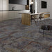 Kitchen diner featuring Boheme Sinora 60 × 60cm patterned porcelain floor tiles, combining deep blue, grey and rust tones with a layered, aged-effect finish. Brings warmth and an industrial edge to contemporary interiors.