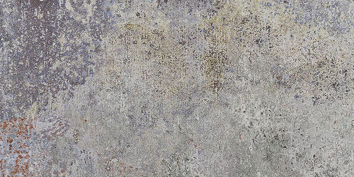 Boheme Sinora 2cm 50 × 100cm outdoor porcelain slab featuring a blend of blue, grey and rust tones with layered, aged-effect detailing. Subtle patterning adds depth, creating a bold, industrial-inspired finish for exterior spaces.