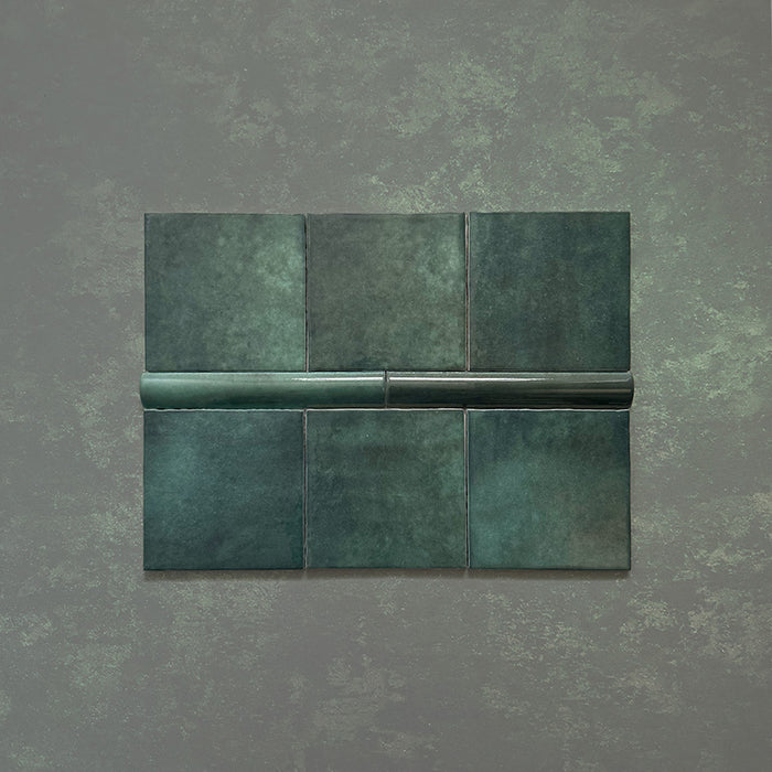 Zellij Gloss Green bullnose Moroccan style tiles, 3cm x 20cm, deep green colour with natural tonal variation, glossy glazed finish, rounded bullnose edge trim, handcrafted-look ceramic detail.