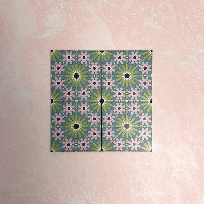 Fizaan Summer Mini Moroccan-style 15×15cm tiles laid in a repeating geometric pattern, featuring blue, green and pink floral star motifs.