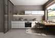 Kitchen interior featuring Tane Stone Grey Matt 30 × 60cm porcelain wall and floor tiles, styled with white cabinetry, warm wood accents, open shelving, and natural light for a modern, balanced, contemporary space.