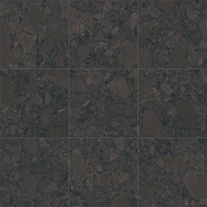 Tile sheet showing Terrace Terrazzo Black 60x60cm porcelain tiles arranged in a 3x3 layout. The deep charcoal terrazzo effect features layered dark stone fragments with subtle tonal variation, creating a bold, contemporary surface for modern walls and floors.
