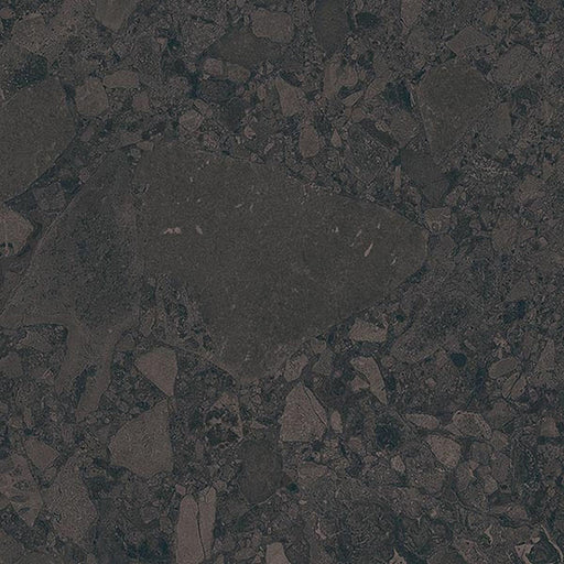 Close-up of Terrace Terrazzo Black 60x60cm porcelain tile featuring a deep charcoal terrazzo effect. The design combines large and small dark stone fragments with subtle tonal variation, creating a dramatic, contemporary surface for modern walls and floors.