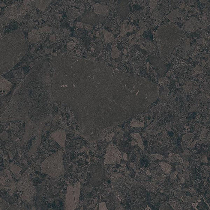 Close-up of Terrace Terrazzo Black 60x60cm porcelain tile featuring a deep charcoal terrazzo effect. The design combines large and small dark stone fragments with subtle tonal variation, creating a dramatic, contemporary surface for modern walls and floors.
