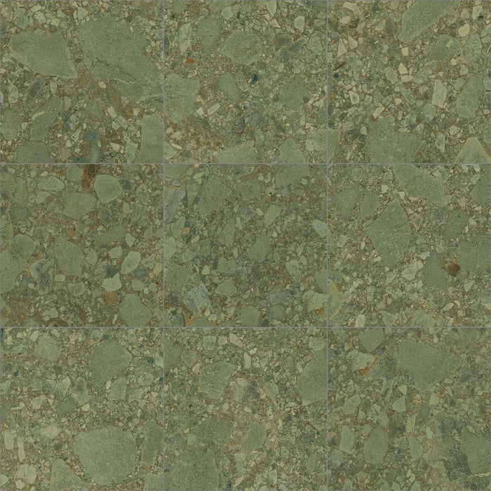 Tile sheet showing Terrace Terrazzo Green 60x60cm porcelain tiles arranged in a 3x3 layout. The green terrazzo effect features a blend of large and small sage-toned stone fragments with subtle warm brown flecks, creating a natural, contemporary surface for walls and floors.