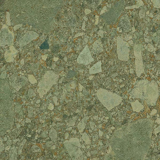 Close-up of Terrace Terrazzo Green 60x60cm porcelain tile featuring a terrazzo effect in soft sage green tones. The design combines large and small stone fragments with subtle warm brown flecks, creating a natural, contemporary surface with depth and texture for walls and floors.