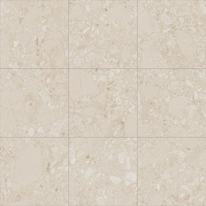 Tile sheet showing Terrace Terrazzo Ivory 60x60cm porcelain tiles arranged in a 3x3 layout. The warm ivory terrazzo effect features soft cream and beige stone fragments with subtle tonal variation, creating a timeless, natural look ideal for contemporary floors and walls.