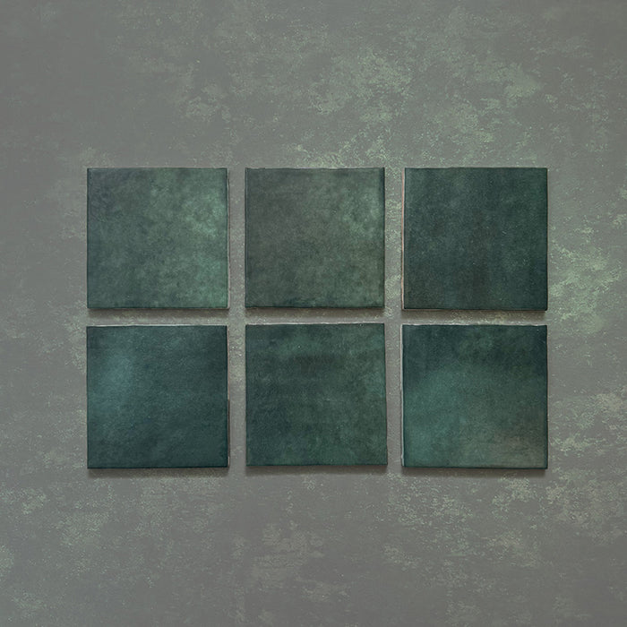 Zellij Gloss Green square Moroccan style tiles, 13.2cm x 13.2cm, rich deep green tones with natural shade variation, glossy glazed finish, handmade-look surface, square format laid out as individual tiles.