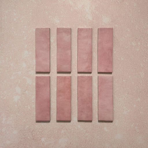 Zellij Rose Pink Brick Moroccan style tiles, 6.5cm x 20cm, handmade-effect brick format, soft rose pink tones with natural tonal variation, glossy glazed finish, traditional Moroccan design.
