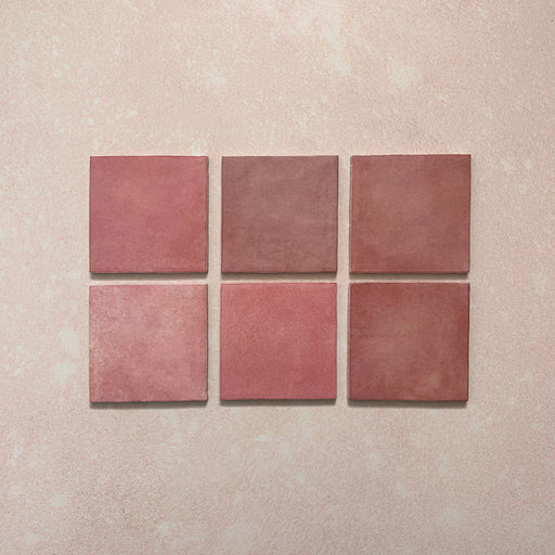 Zellij Rose Pink Square tiles, 13.2cm x 13.2cm, Moroccan style square format with soft rose pink tones, subtle tonal variation, lightly textured glossy finish, and handcrafted-inspired design.