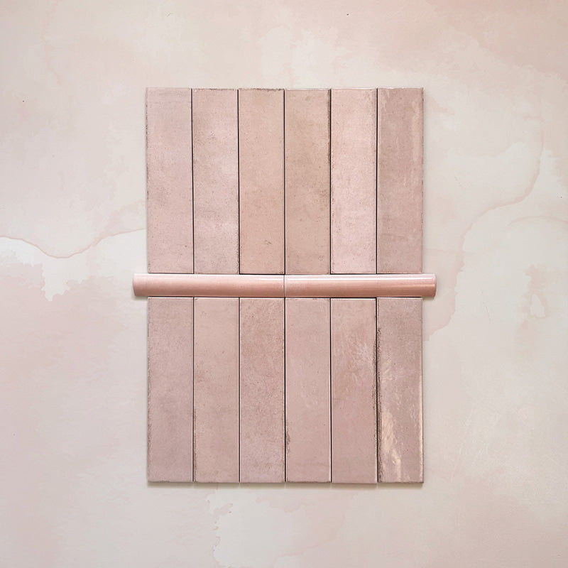 Madison Rose Bullnose Pencil Border Tiles 3x20cm — shown here with the matching Madison Rose brick tiles. The soft blush tone and smooth curved profile create a perfect finishing touch for edges and transitions, adding subtle elegance to any tiled space.