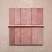 Zellij Rose Pink Brick tiles with matching bullnose, 6.5cm x 20cm, brick format layout, soft rose pink and muted blush tones with natural tonal variation, smooth glazed finish, Moroccan-inspired design, tiles and bullnose displayed together.