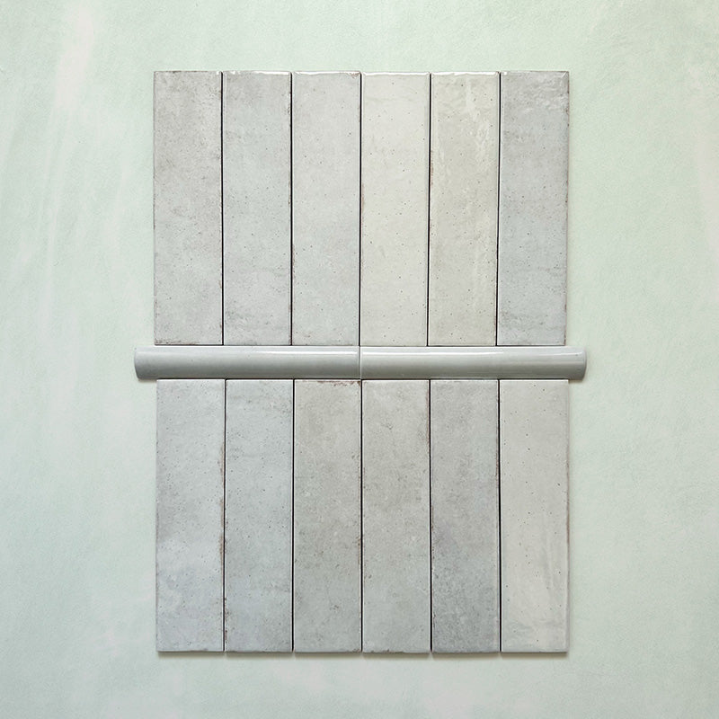 Madison Mint Green Bullnose Pencil Border Tiles 3x20cm — tiles paired with matching bullnose trim for a seamless finish. The glossy mint tones and rounded edging create a polished, handcrafted look ideal for borders, edges, and elegant wall detailing.