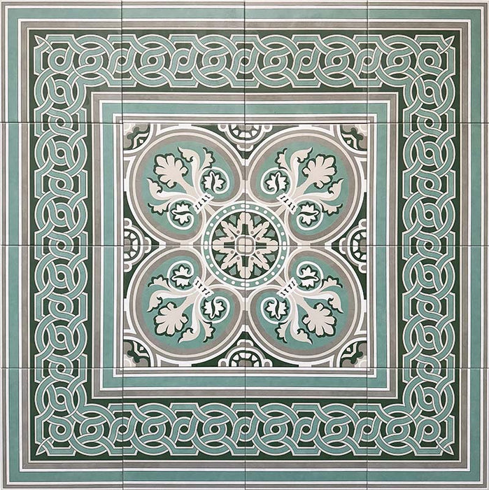 Decorative layout of Europa Toulouse 20x20cm Victorian Moroccan style tiles installed with coordinating border tiles, forming an ornate geometric floor design in green, grey and cream tones.